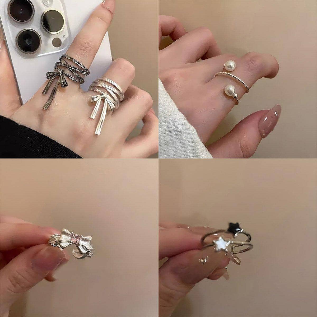 Adjustable Open Wrap Ring with Two Pearl Beads - Silver-Tone - view 4