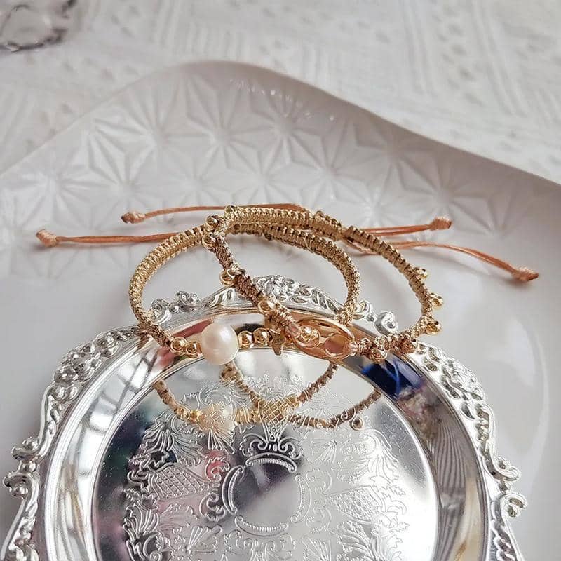 Adjustable Pearl Bracelet with Hand-Woven Cord - Gold, Style 1 - view 5