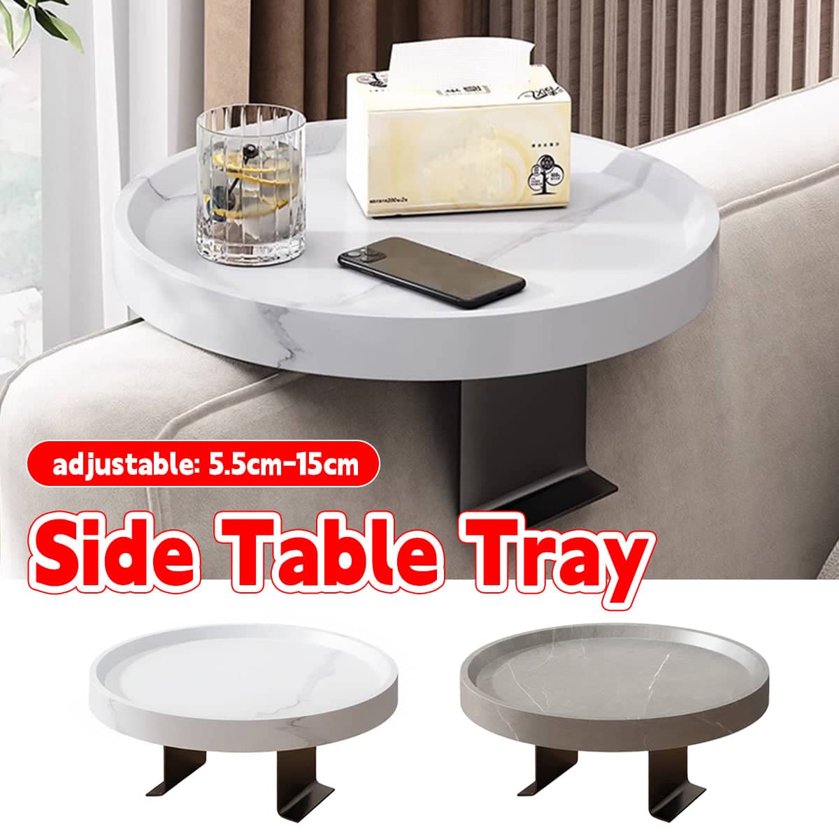 Adjustable Sofa Arm Side Table Tray with Marble Look Top - White - view 2