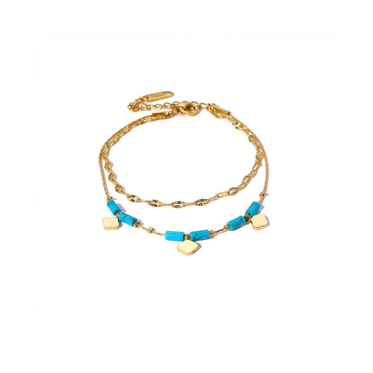 Adjustable Stainless Steel Boho Bracelet for Women - Turquoise Beads and Gold Charms