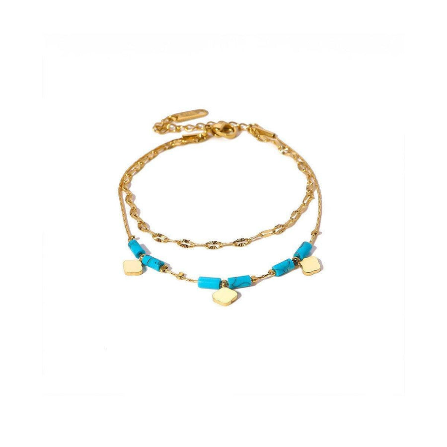 Adjustable Stainless Steel Boho Bracelet for Women - Turquoise Beads and Gold Charms