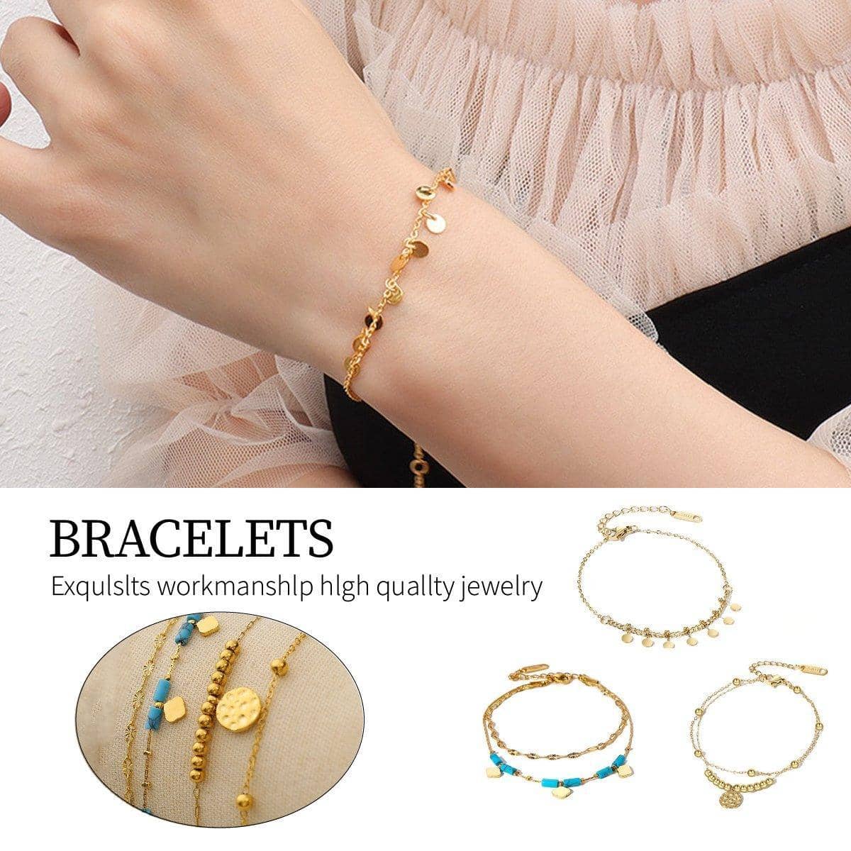 Adjustable Stainless Steel Boho Bracelet for Women - Turquoise Beads and Gold Charms - view 2