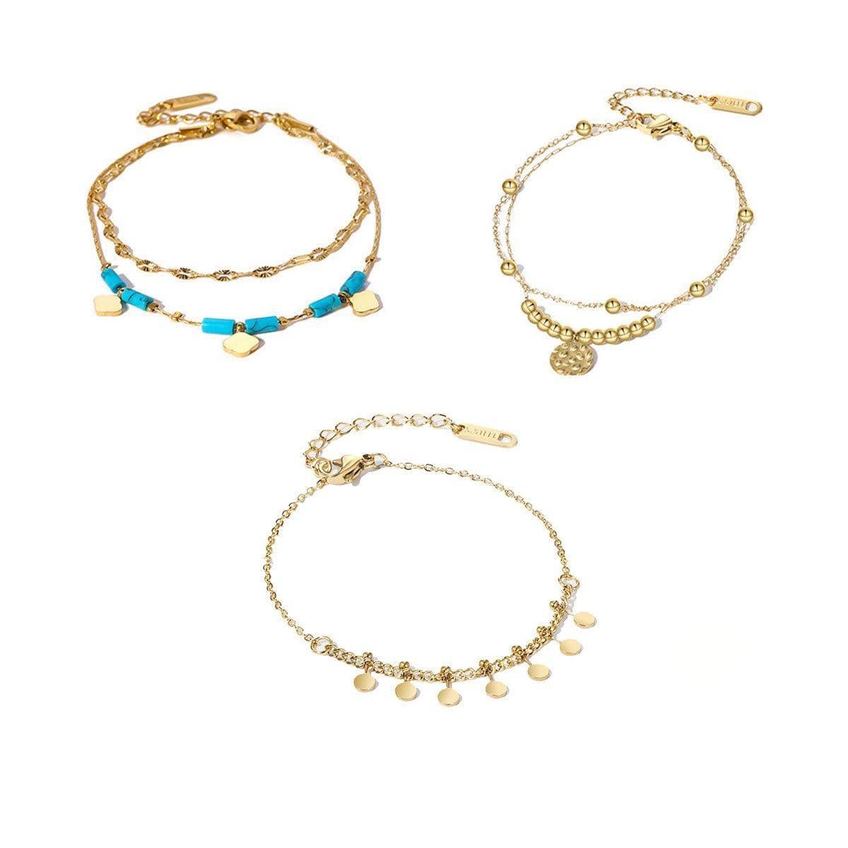 Adjustable Stainless Steel Boho Bracelet for Women - Turquoise Beads and Gold Charms - view 3