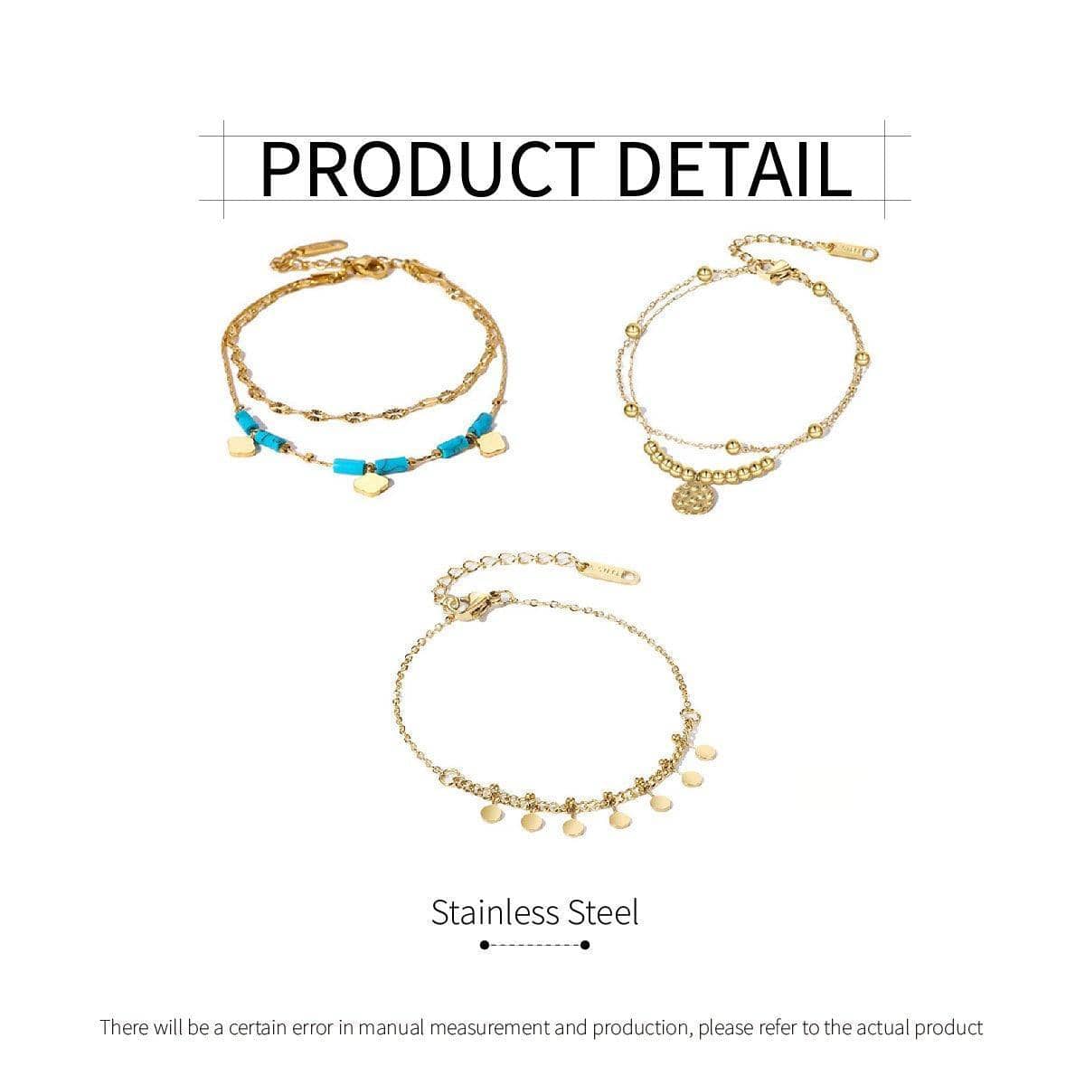 Adjustable Stainless Steel Boho Bracelet for Women - Turquoise Beads and Gold Charms - view 4
