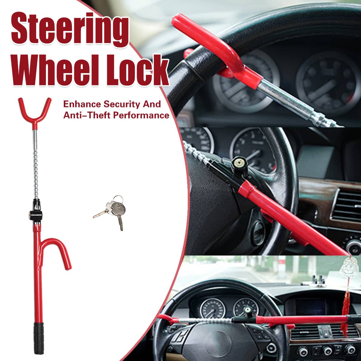 Adjustable Steering Wheel Lock Anti Theft Security Bar for Cars, 47 to 66 cm