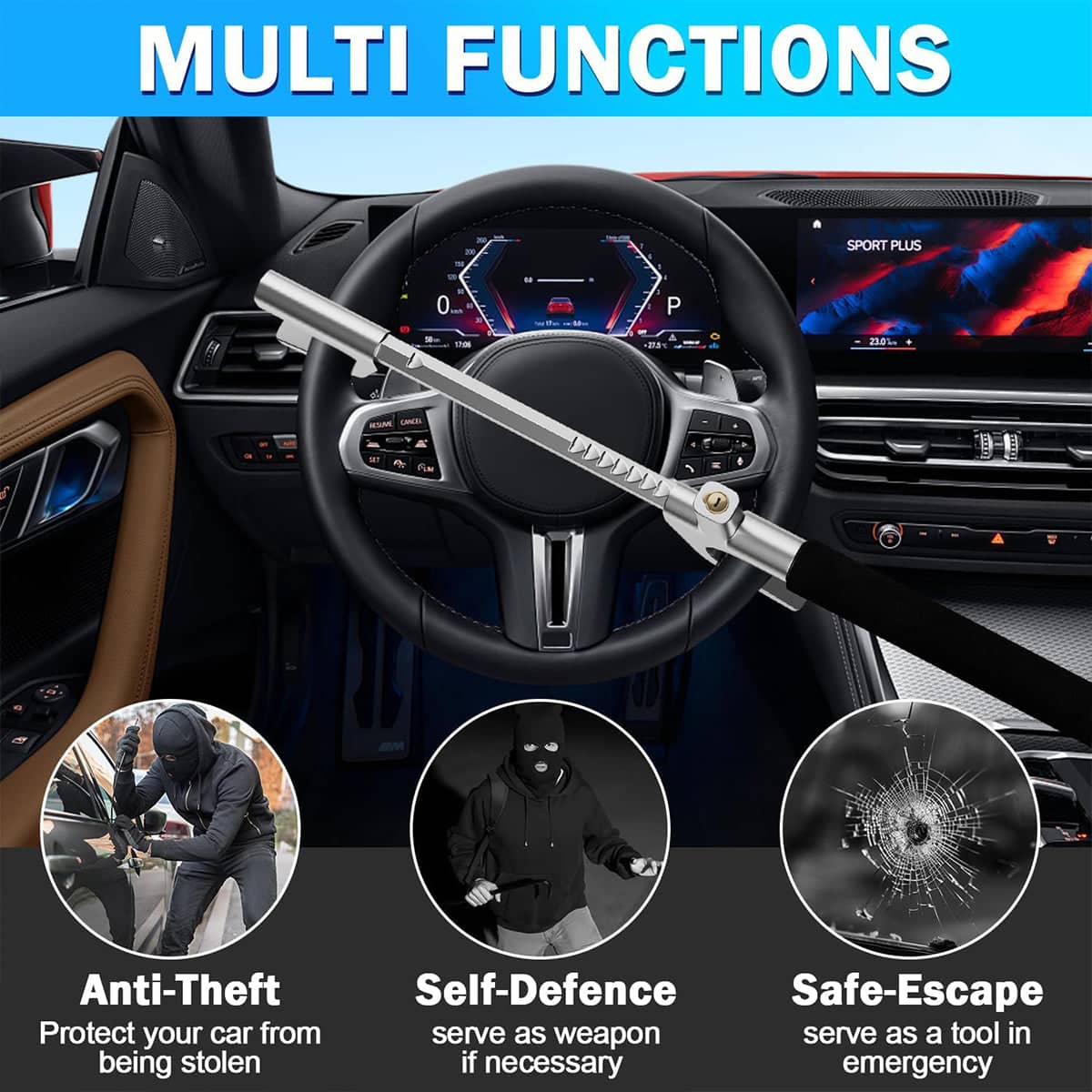 Adjustable Steering Wheel Lock with Safety Hammer and 3 Keys - view 4