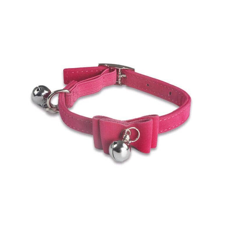 Adjustable Suede Cat Collar with Bow and Bell - Magenta