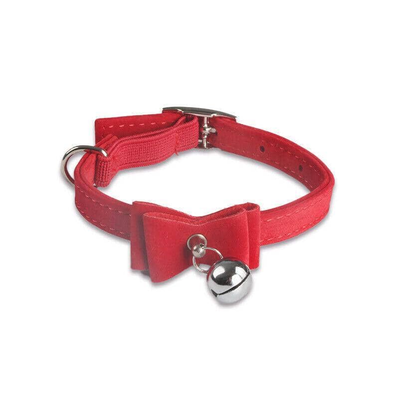 Adjustable Suede Cat Collar with Bow and Bell - Red
