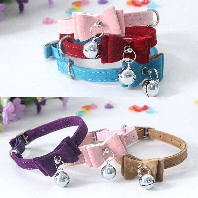 Adjustable Suede Cat Collar with Bow and Bell - Red - view 2