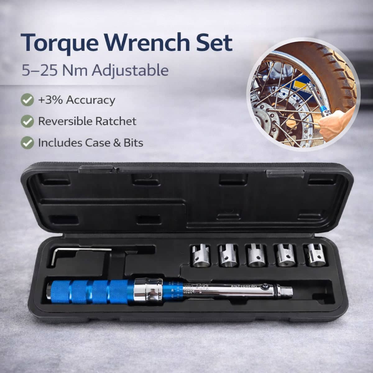 Adjustable Torque Wrench Set, 7 Piece with Interchangeable Heads, 5 to 25 Nm