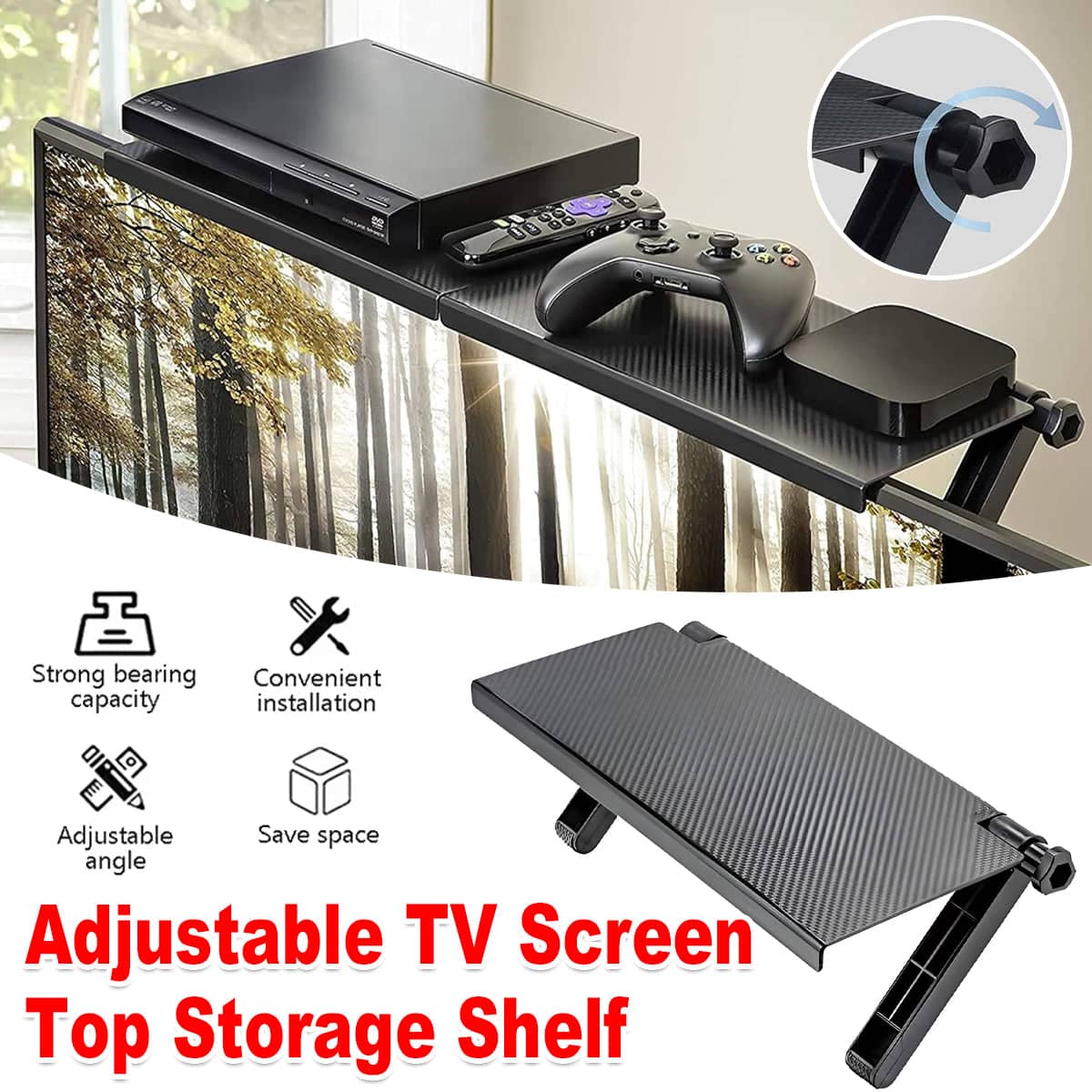 Adjustable TV Screen Top Storage Shelf, Tool Free Rack for Flat Screens - Black Carbon Fibre Look