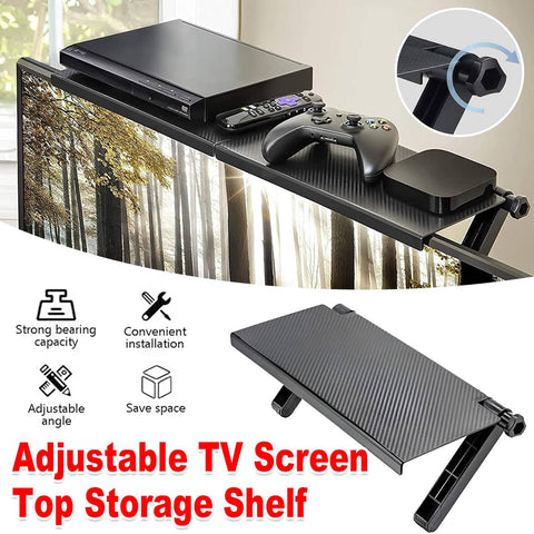 Adjustable TV Screen Top Storage Shelf, Tool Free Rack for Flat Screens - Black Carbon Fibre Look