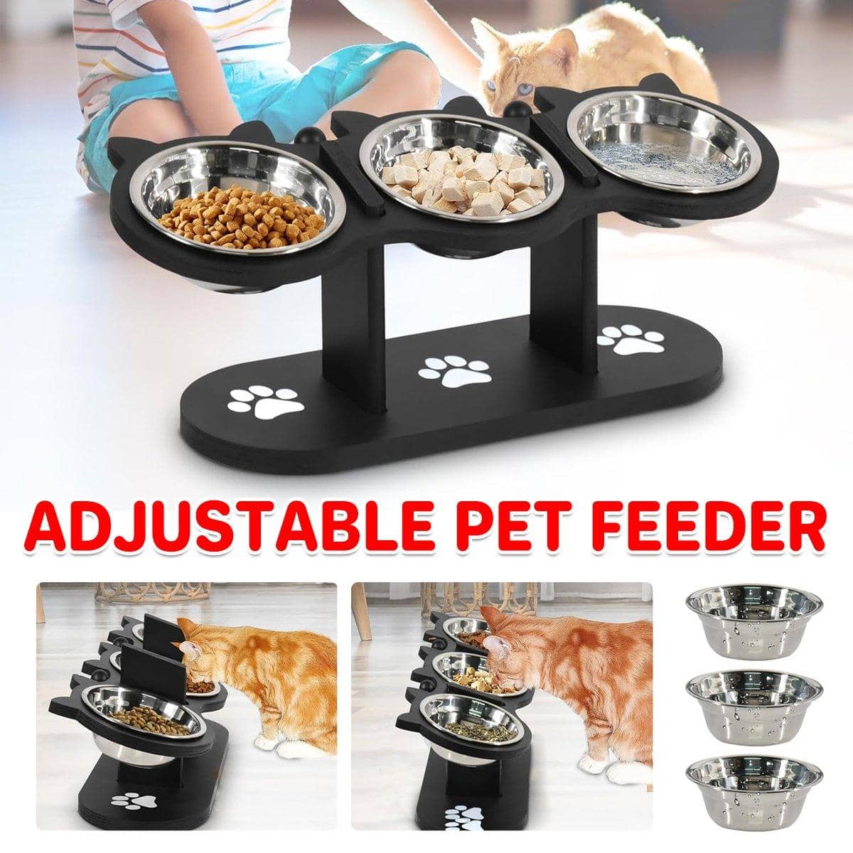 Adjustable Wooden Pet Feeder Bowl Rack for Cats and Dogs - 3 Piece Set