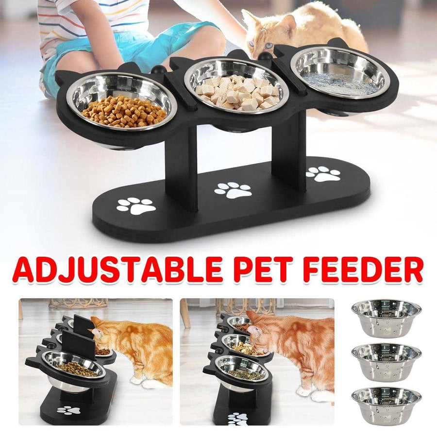 Adjustable Wooden Pet Feeder Bowl Rack for Cats and Dogs - 3 Piece Set
