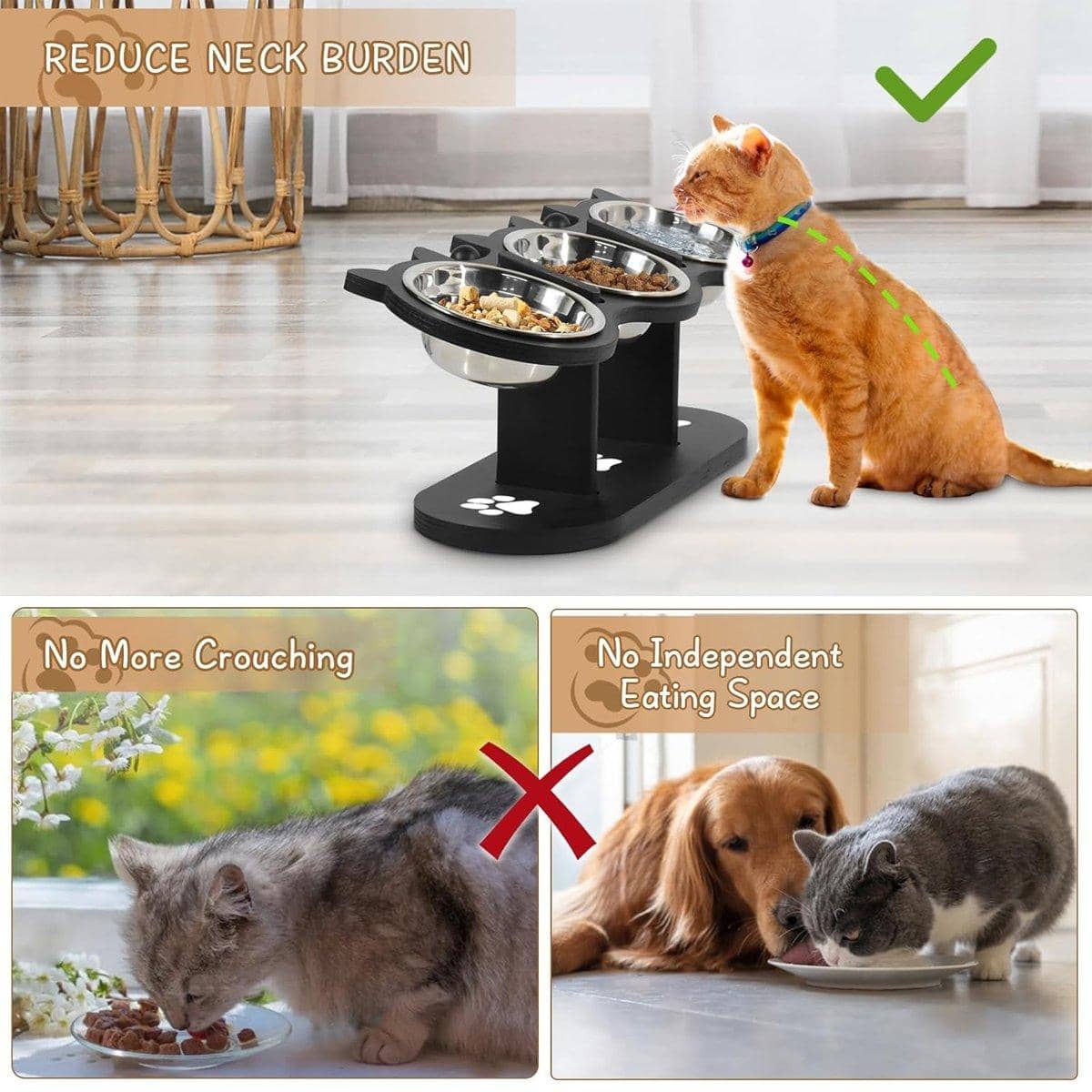 Adjustable Wooden Pet Feeder Bowl Rack for Cats and Dogs - 3 Piece Set - view 5
