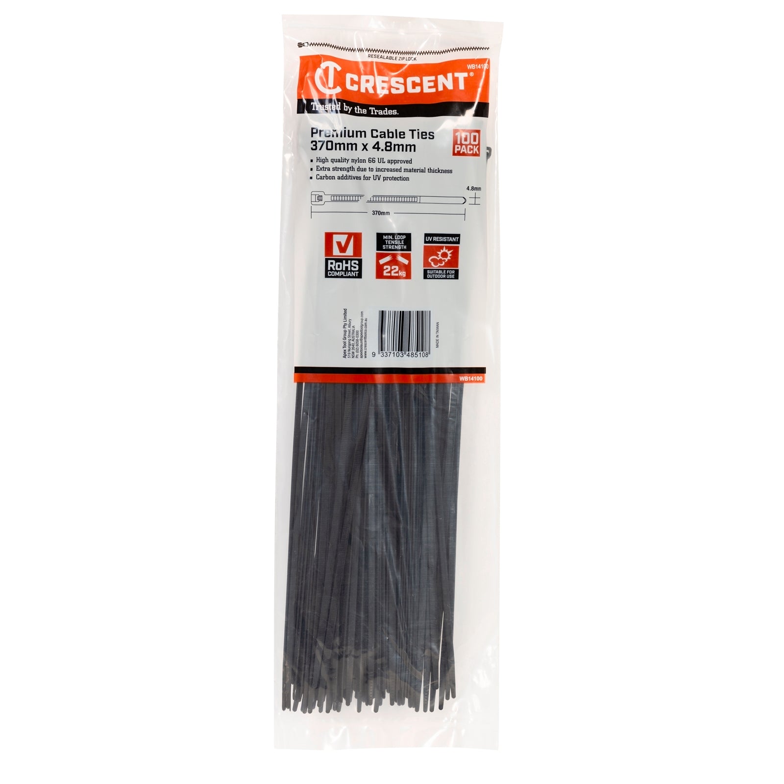 Crescent 370 x 4.8mm Black Nylon Cable Ties UV Resistant - 100 Pack