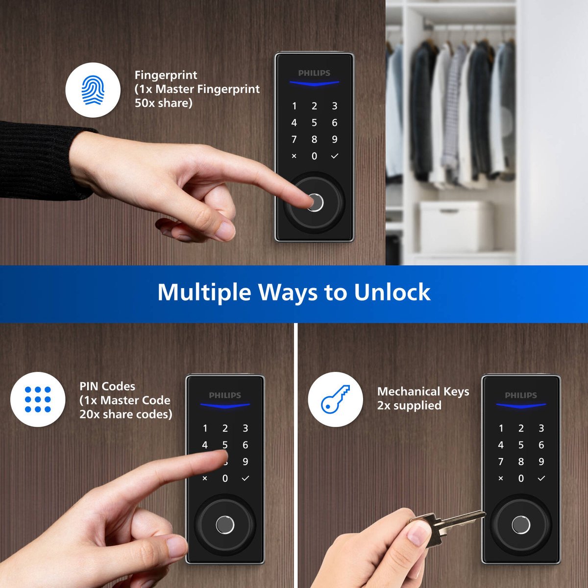 Philips Black Easykey Fingerprint Deadbolt Lock - 3 Access Modes - 700mm x 1650mm