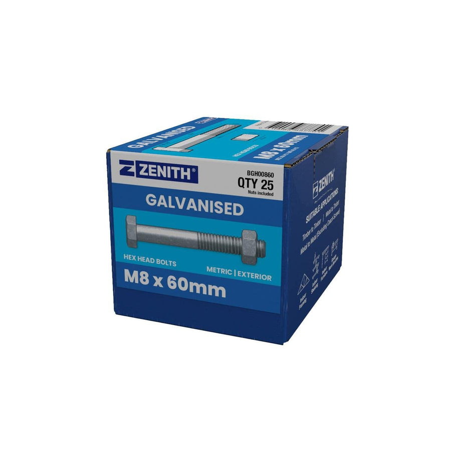 Zenith Hot Dip Galvanised Hex Head Bolts M8 x 60mm 25 Pack - SuperSaverAU - view 1