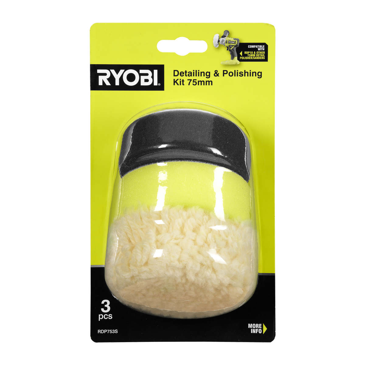 Ryobi 3 Piece Detailing Polishing Set - 75mm Pads - Polishing, Buffing - SuperSaverAU - view 1