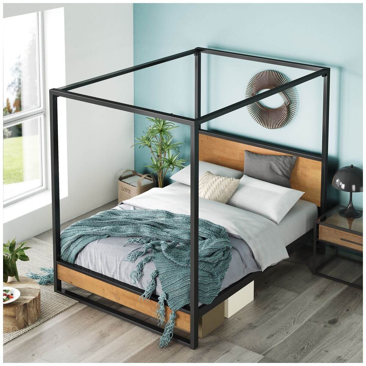 Zinus Ironline Queen canopy bed frame - black steel with wood accents, non-slip slats - AU-IRPBHC-14Q