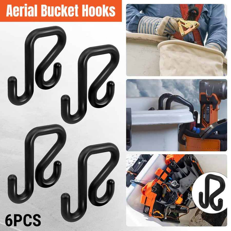 Aerial Bucket S-Hooks Set of 6 in Black, Fits 2 Inch (5.1 cm) Lip for Workshop Storage