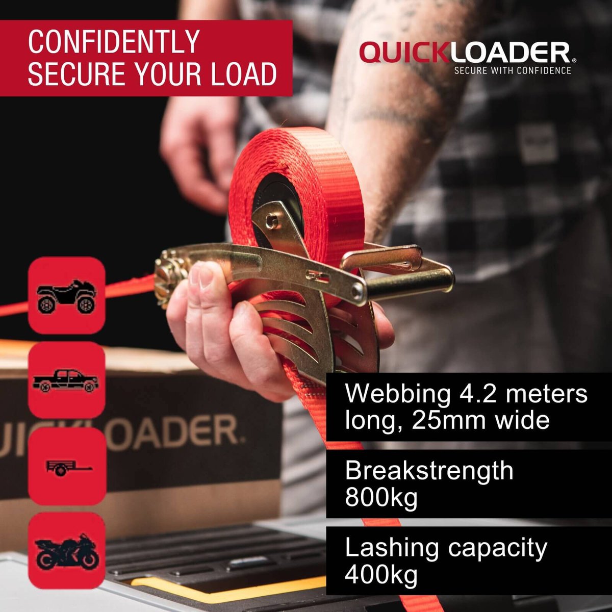 Quickloader 4 Retractable Ratchet Tie Down Strap 2 Pack - 2m 25mm - 400kg Capacity - Red - SuperSaverAU - view 2