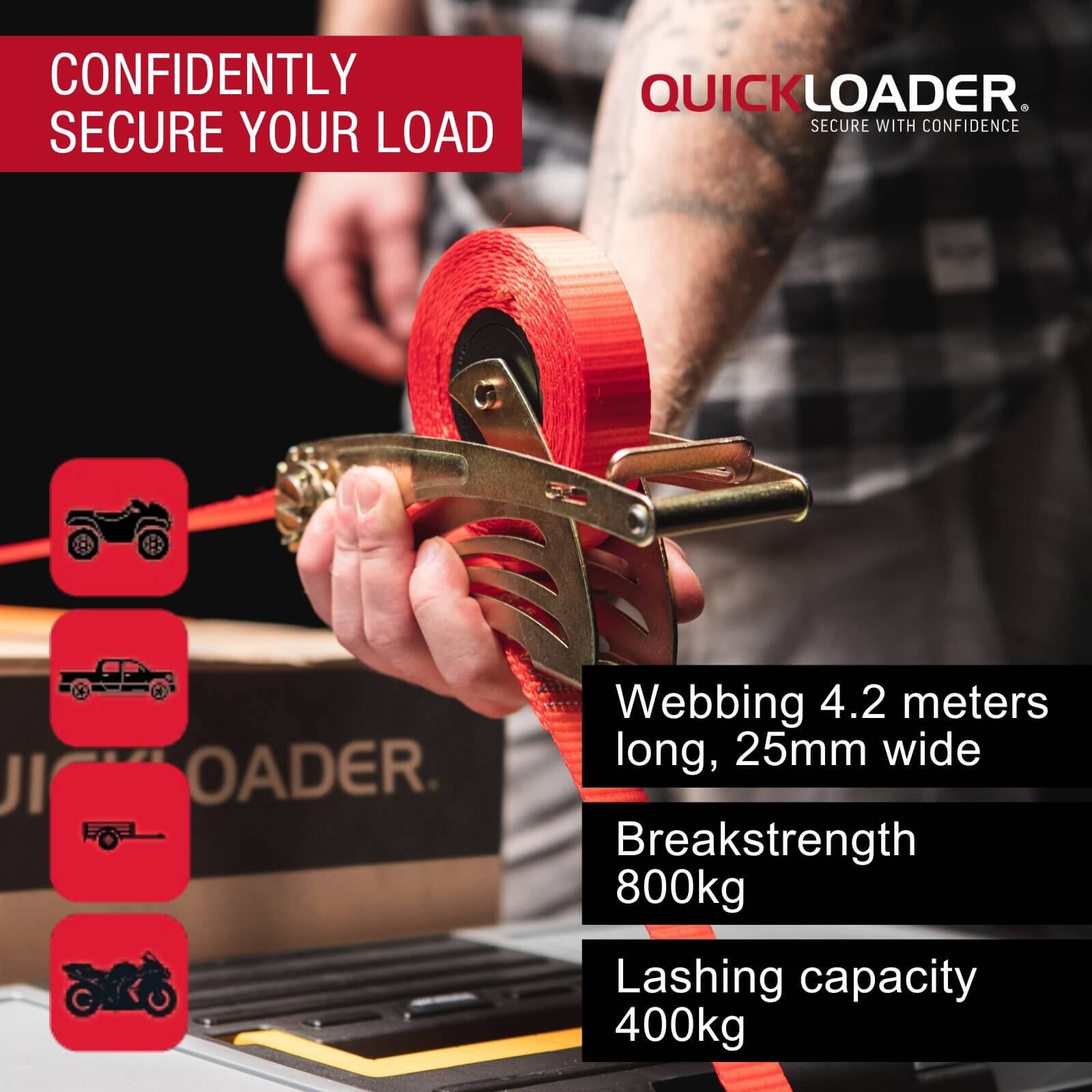 Quickloader Retractable Ratchet Tie Down Strap 4.2m x 25mm 400kg - 2 Pack