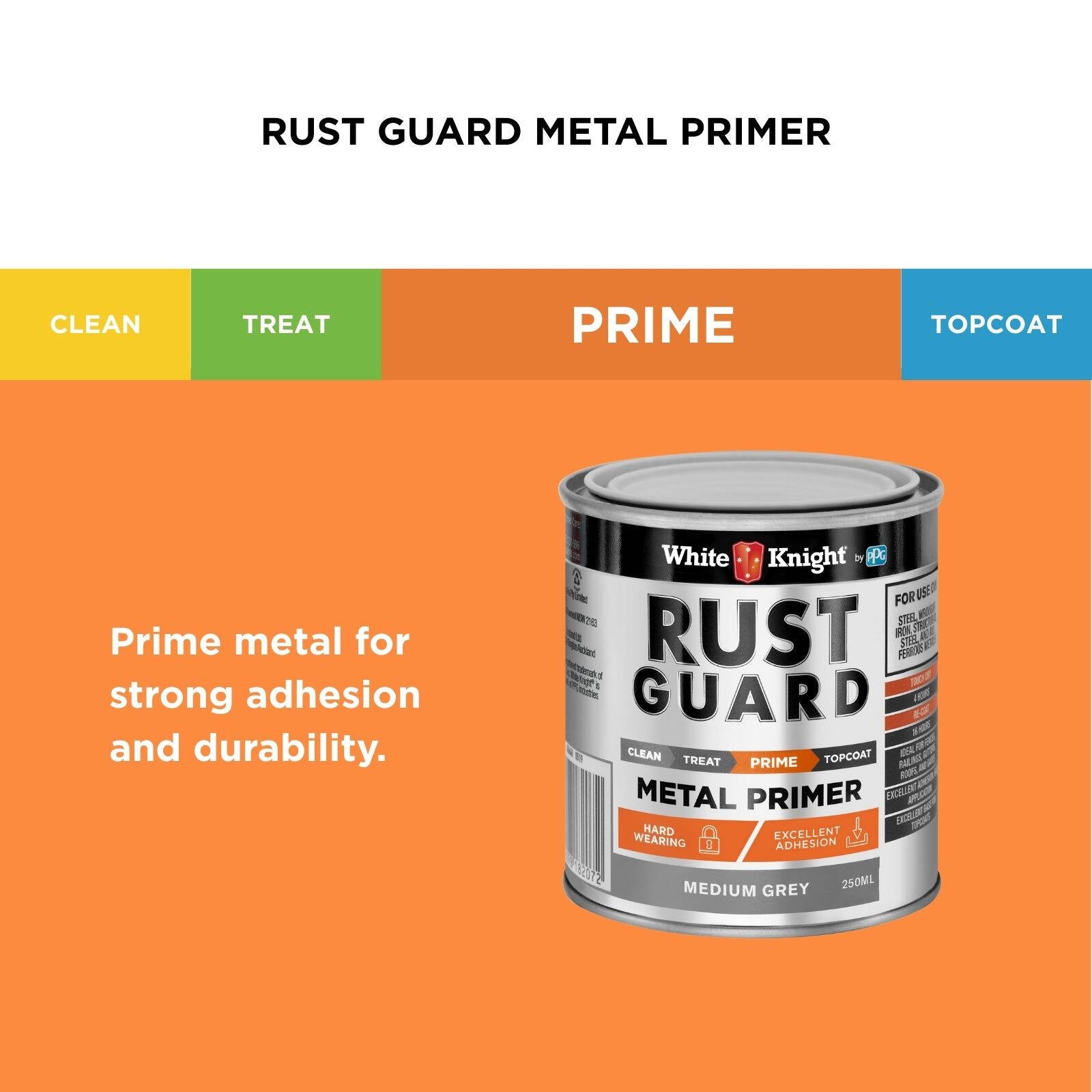 White Knight Rust Guard Medium Grey Metal Primer Paint 250ml Solvent-Based Outdoor