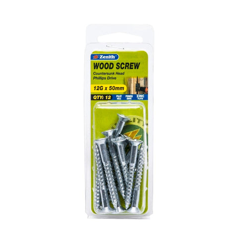 Zenith 12G x 50mm Zinc Plated Countersunk Head Wood Screws – 12 Pack - SuperSaverAU - view 1