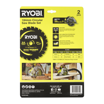 Ryobi Circular Saw Blade 2 Pack - 184mm 24T & 40T - Anti-Stick Coating