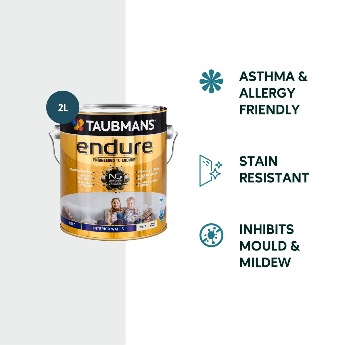 Taubmans 2L White Matt Endure Interior Walls Paint - 2L - Water Based - Stain Resistant - SuperSaverAU - view 2