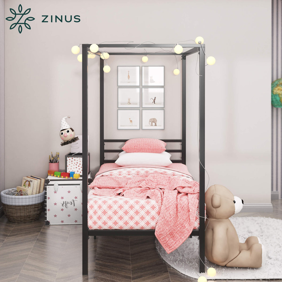 Zinus Patricia Single Metal Canopy Bed Frame in Black - Steel Frame, Underbed Storage - AU-CPBF-S