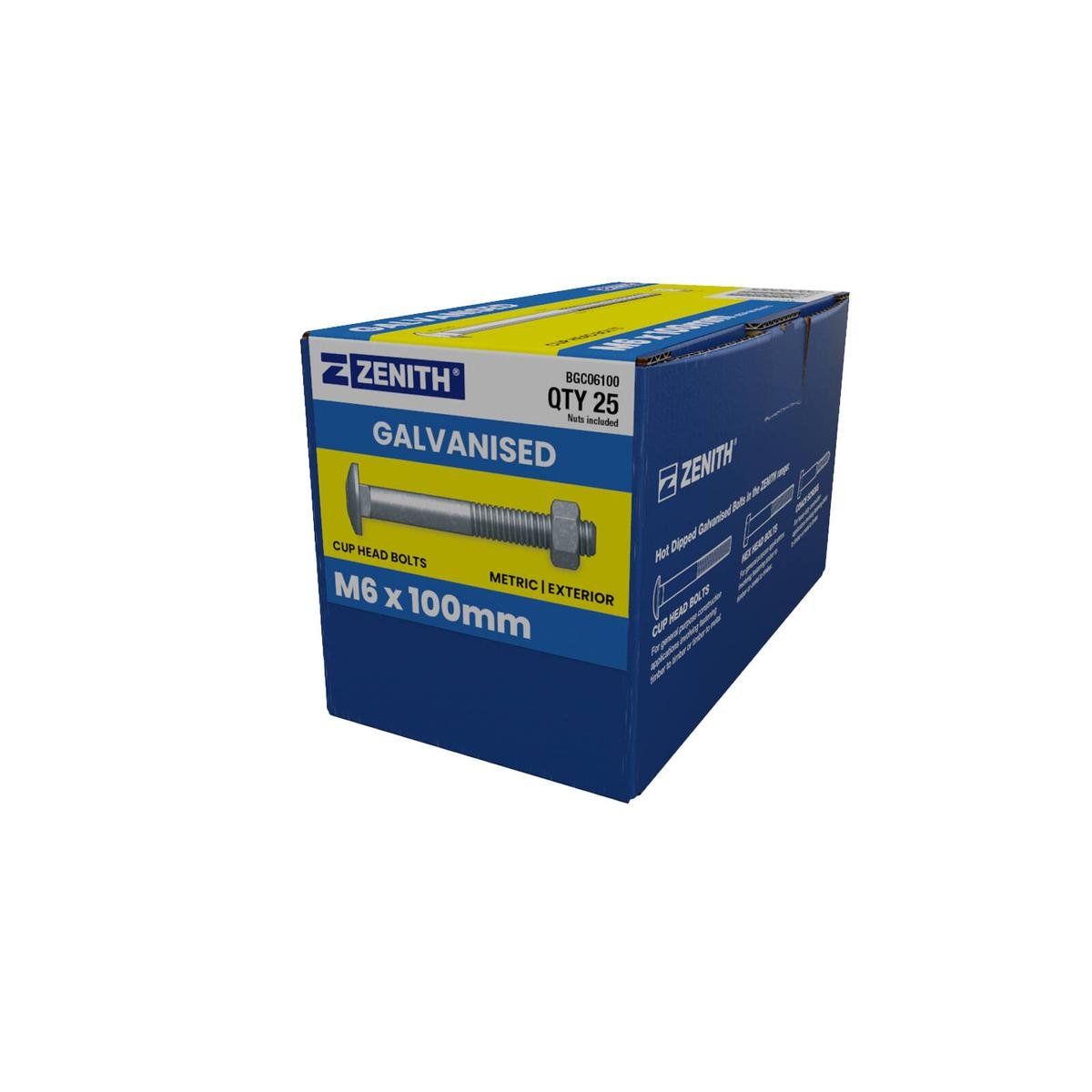 Zenith Hot Dip Galvanised M6 x 100mm Cup Head Bolts Nuts 25 Pack - SuperSaverAU - view 1