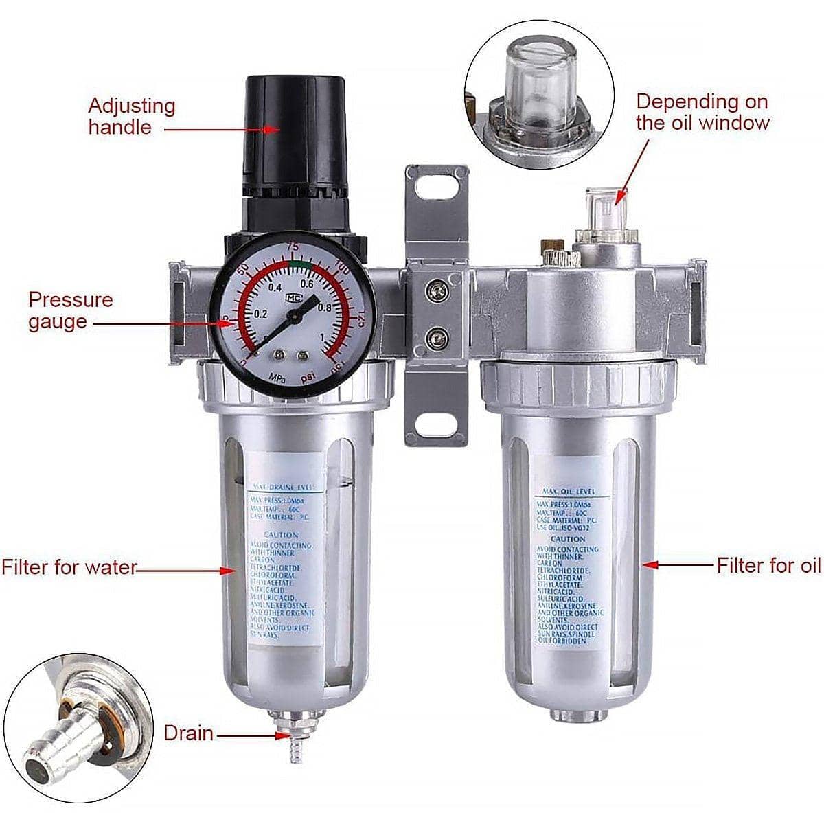 Air Compressor Oil Water Separator with Pressure Regulator, PT 1/4 Port - view 5