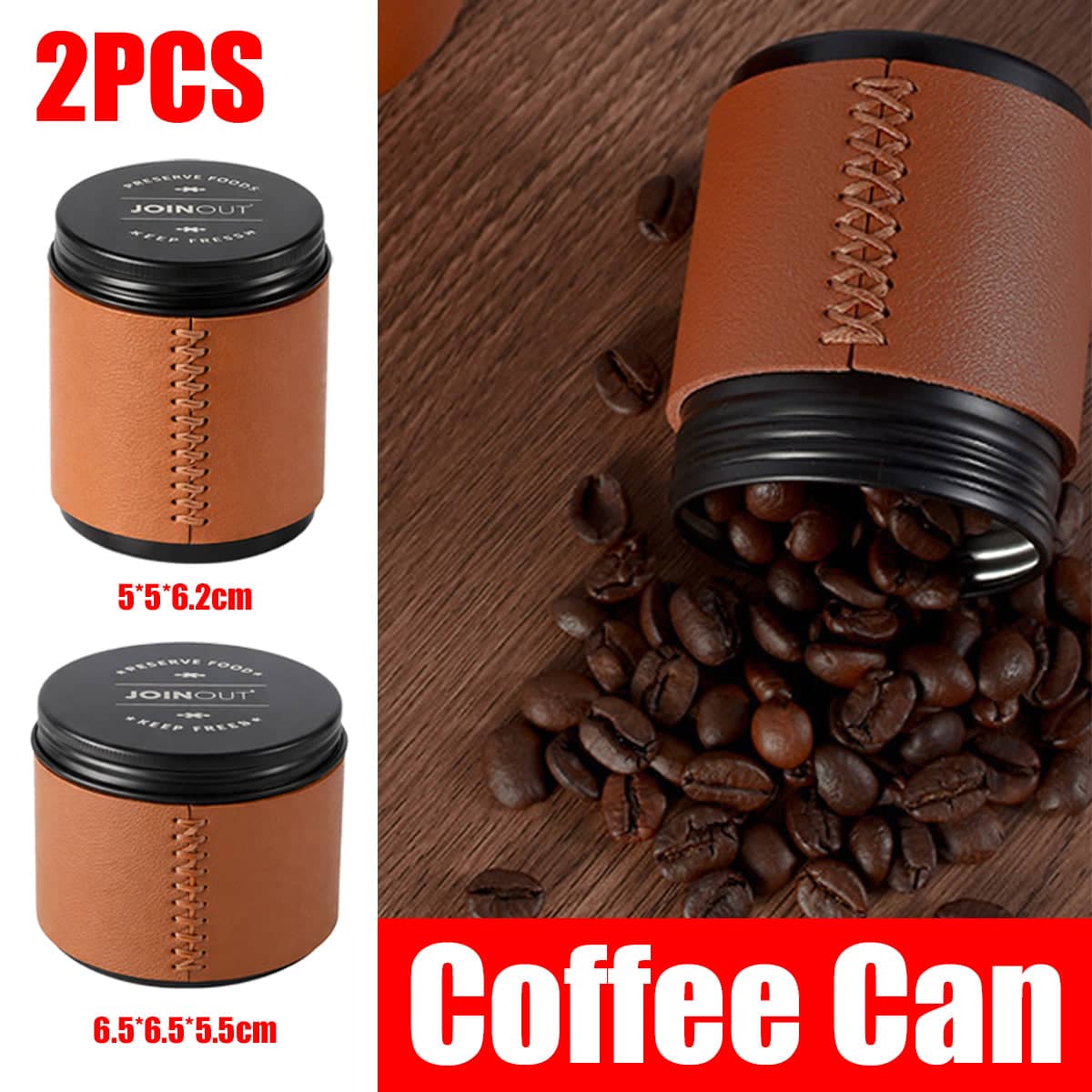 Airtight Mini Coffee Bean Storage Jars with Faux Leather Wrap, Set of 2 - Large, 6.5 x 6.5 x 5.5 cm - view 2