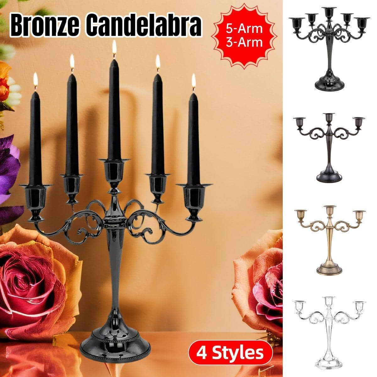 Alloy Candelabra Candle Holder Stand for Weddings and Home Decor - 3 Arm, Silver - view 2