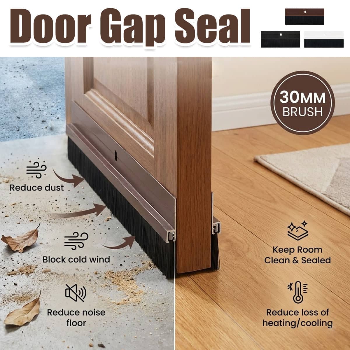 Aluminium Alloy Door Bottom Brush Seal, 30 mm Brush - Brown - view 2