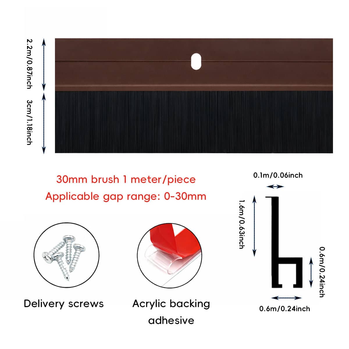 Aluminium Alloy Door Bottom Brush Seal, 30 mm Brush - Brown - view 4