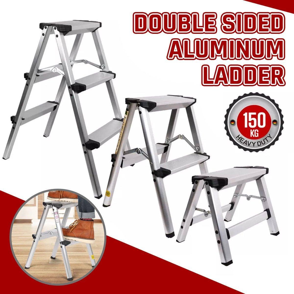Aluminium Folding Step Ladder Anti-Slip Portable Home Stool - 2 Step Folding Ladder - view 2