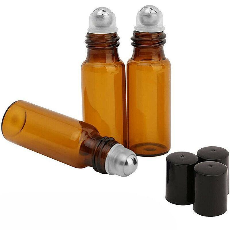Amber Glass Roller Bottles for Essential Oils - Large 10 ml, Pack of 20