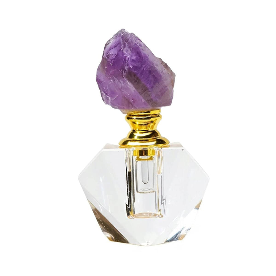 Amethyst Crystal Cap Glass Perfume Bottle, Empty and Refillable - Faceted Gem Body