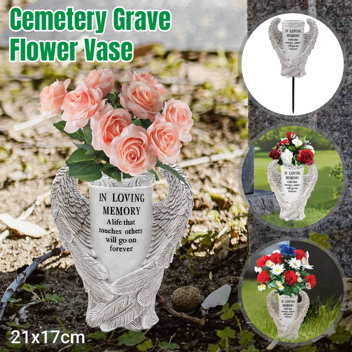 Angel Wing Cemetery Memorial Vase with Ground Stake for Grave and Garden - Grey