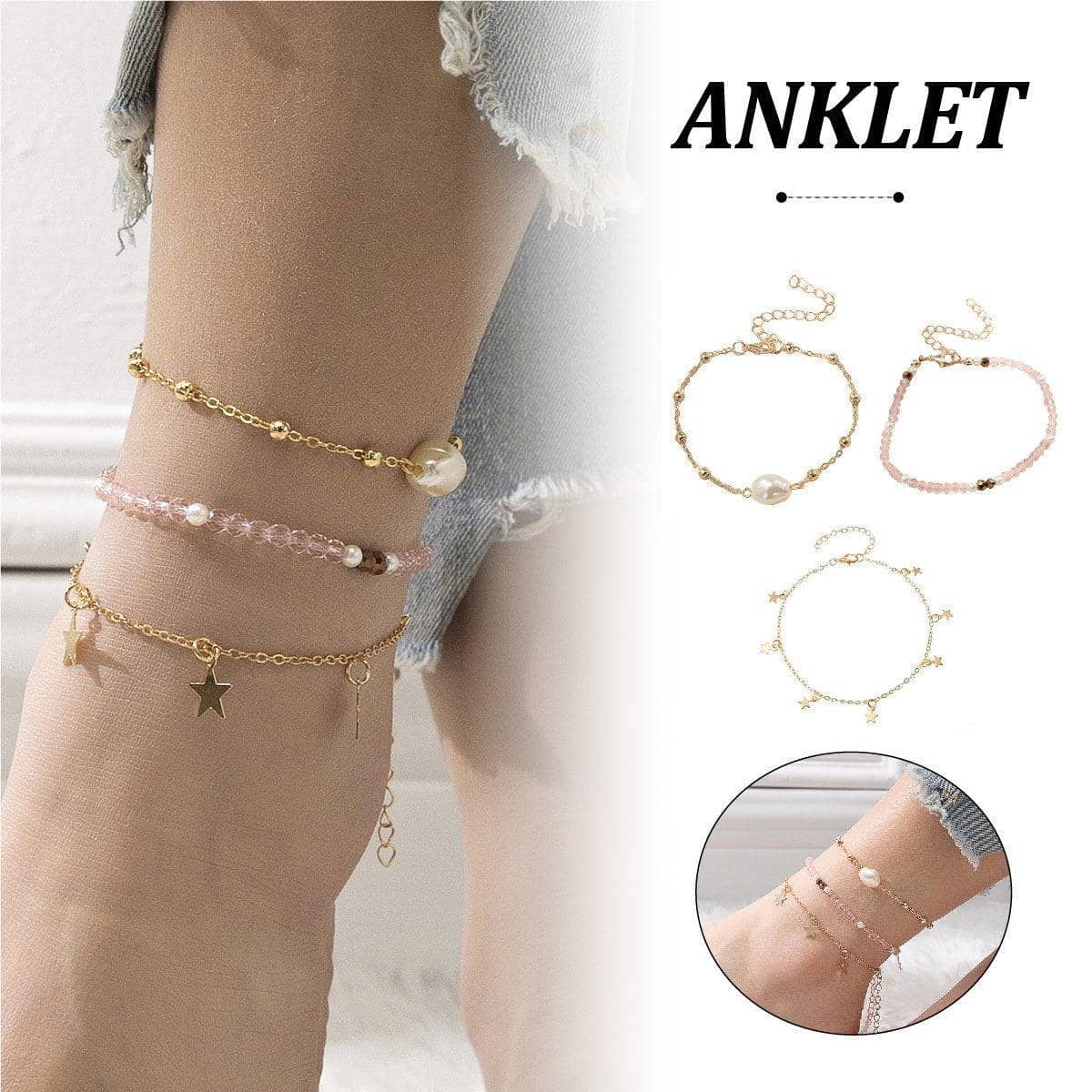 Anklet Set with Star Charms in Pink and Gold, Pack of 3