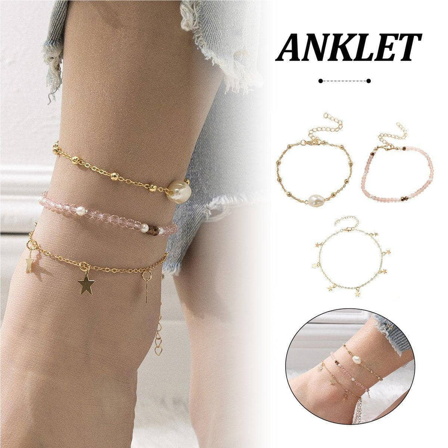 Anklet Set with Star Charms in Pink and Gold, Pack of 3