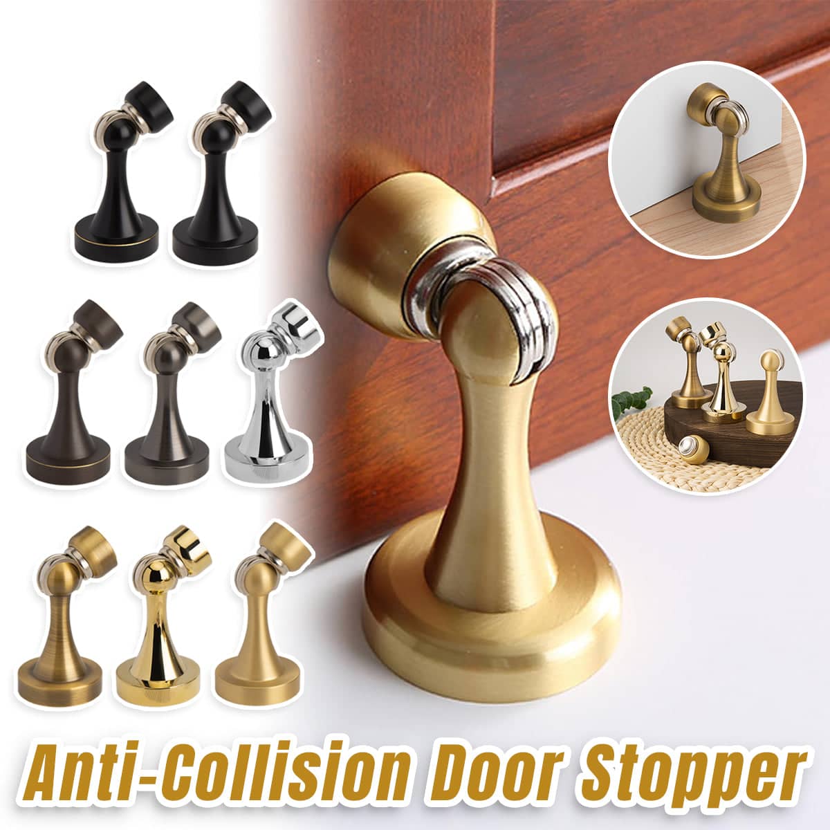 Anti-Collision Metal Door Stopper, Floor or Wall Mount - Matte Gold - view 2