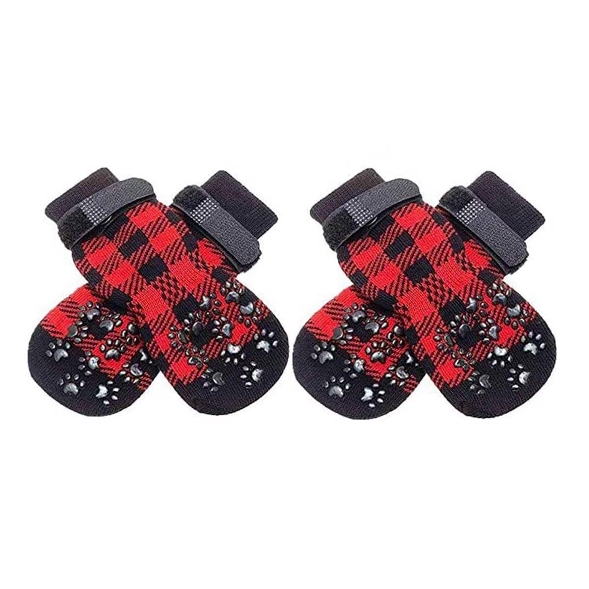 Anti-Slip Dog Socks Set of 4 - Red and Black Check, Large (7 cm Palm Width)