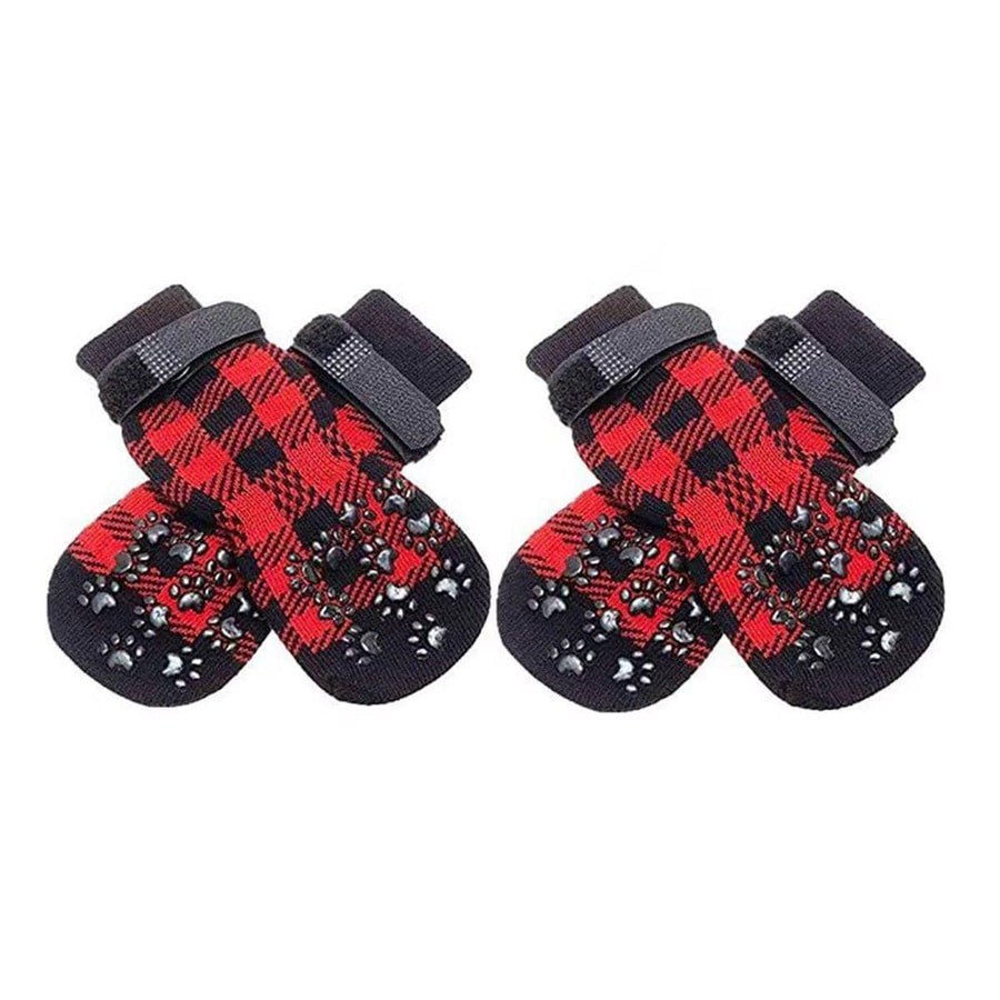 Anti-Slip Dog Socks Set of 4 - Red and Black Check, Large (7 cm Palm Width)