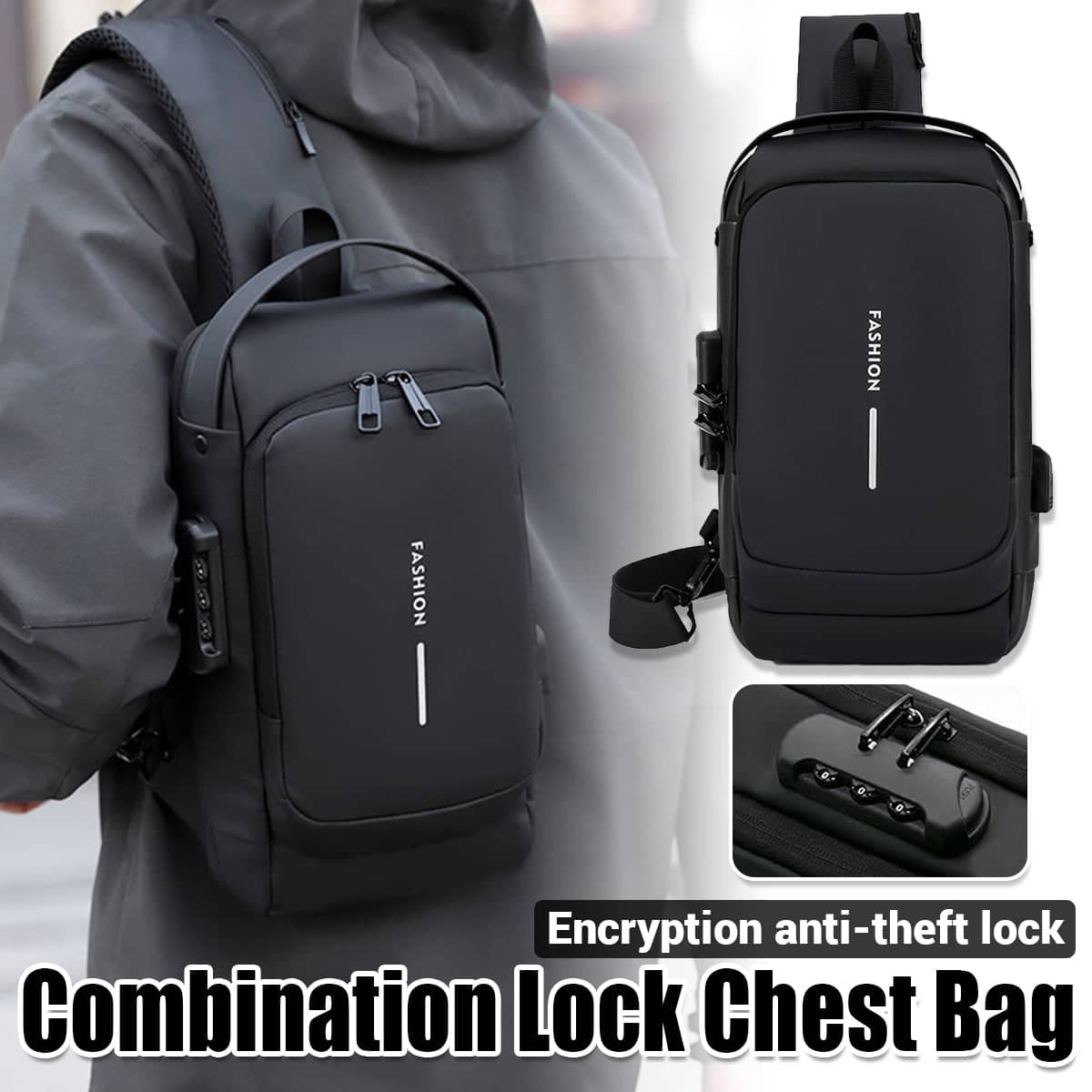 Anti-Theft Chest Bag with Combination Lock and USB Charging Port - Black