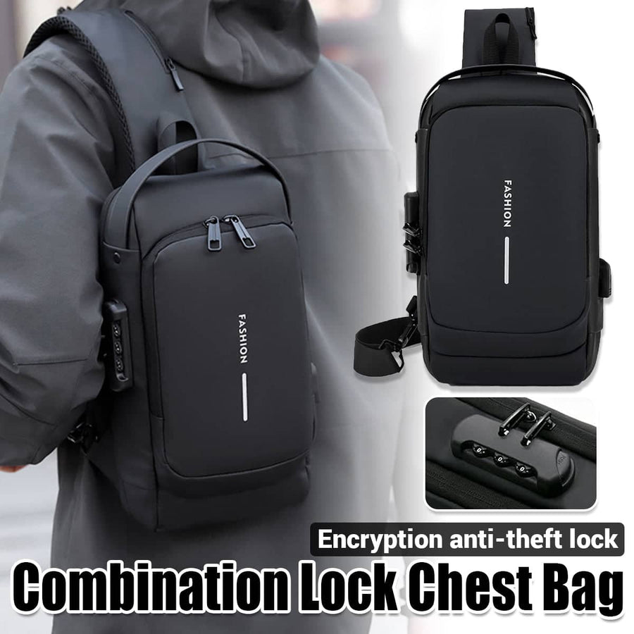 Anti-Theft Chest Bag with Combination Lock and USB Charging Port - Black