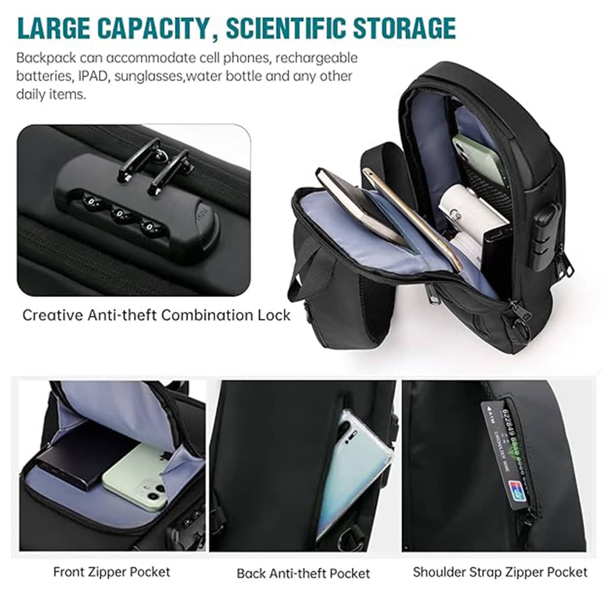 Anti-Theft Chest Bag with Combination Lock and USB Charging Port - Black - view 5